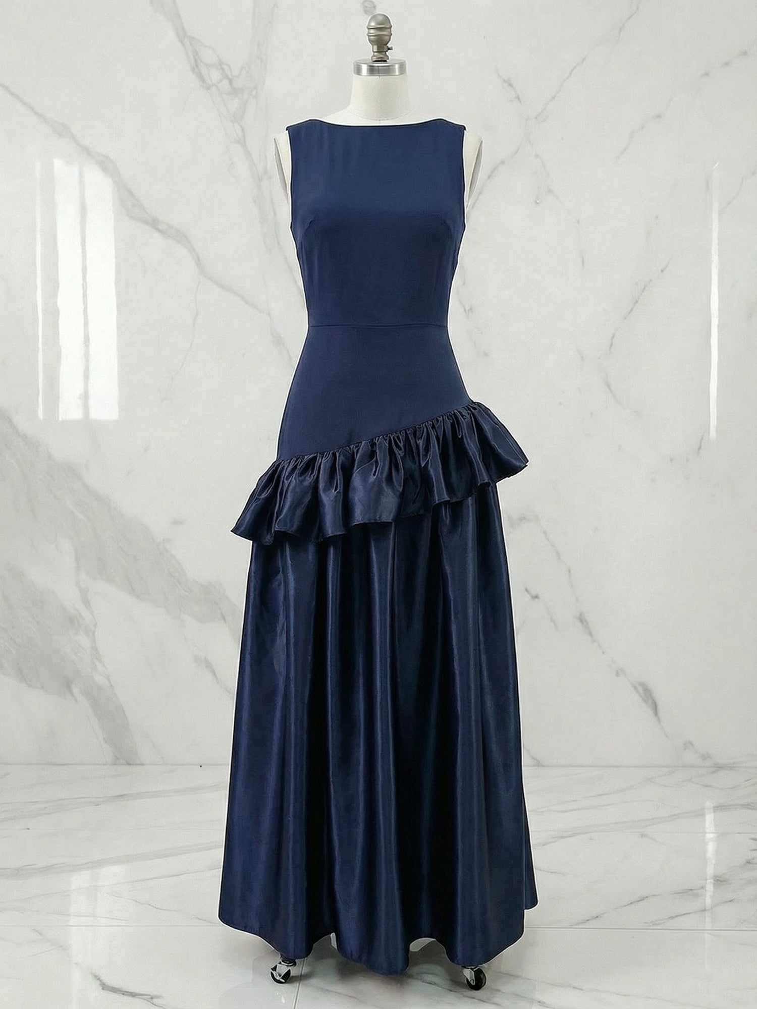 Navy Blue Ruffled Satin Boat Neck Sleeveless A-Line Maxi Dress Gown