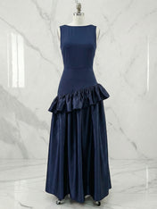 Navy Blue Ruffled Satin Boat Neck Sleeveless A-Line Maxi Dress Gown