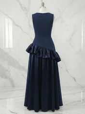 Navy Blue Ruffled Satin Boat Neck Sleeveless A-Line Maxi Dress Gown