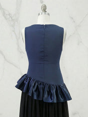 Navy Blue Ruffled Satin Boat Neck Sleeveless A-Line Maxi Dress Gown