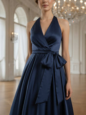 Navy Blue Satin High-Low Halter Dress with Tie-Waist