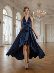 Navy Blue Satin High-Low Halter Dress with Tie-Waist
