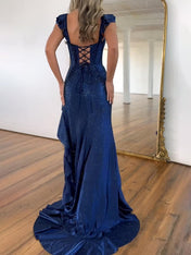 Navy Blue Shimmer Ruffle Long Corset Prom Dress with Slit
