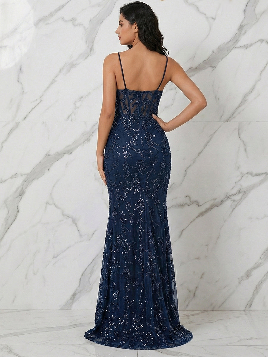 Navy Blue Spaghetti Straps Corset Sequin Prom Dress with Slit