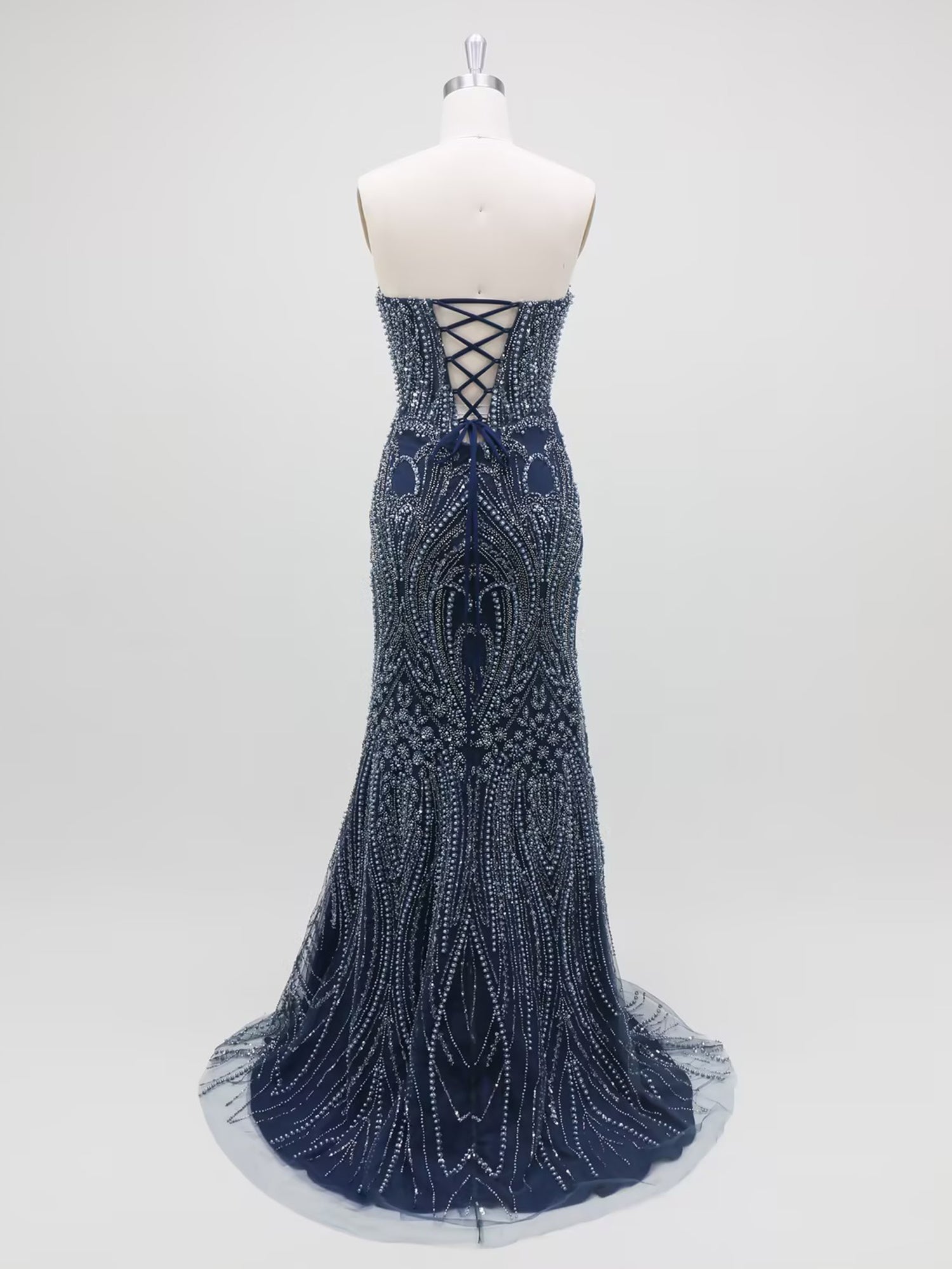 Navy Blue Strapless Pearl Encrusted Long Prom Dress with Slit