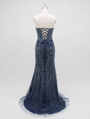 Navy Blue Strapless Pearl Encrusted Long Prom Dress with Slit