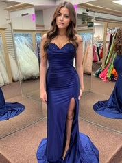 Navy Blue Strapless Ruched Bodice Satin Prom Dress with Lace Trim
