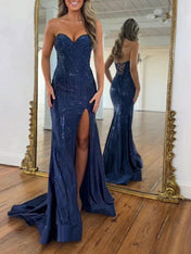 Navy Blue Strapless Sequin Prom Dress with Linear Beading