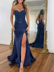 Navy Blue Strapless Sequin Prom Dress with Linear Beading