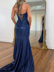 Navy Blue Strapless Sequin Prom Dress with Linear Beading