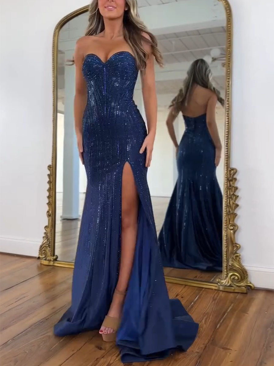 Navy Blue Strapless Sequin Prom Dress with Linear Beading