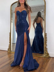 Navy Blue Strapless Sequin Prom Dress with Linear Beading