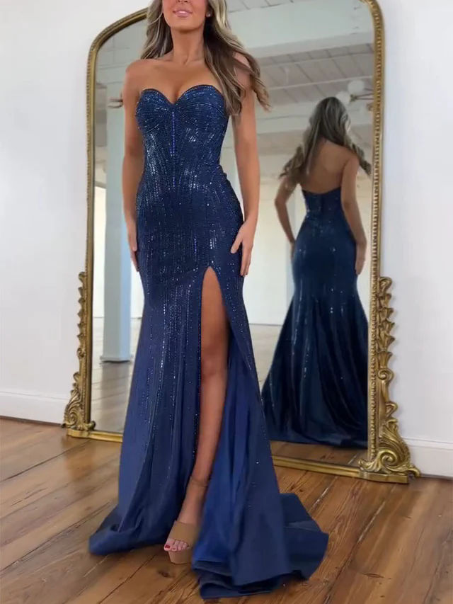Navy Blue Strapless Sequin Prom Dress with Linear Beading