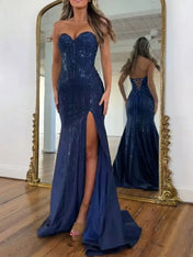 Navy Blue Strapless Sequin Prom Dress with Linear Beading