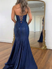 Navy Blue Strapless Sequin Prom Dress with Linear Beading