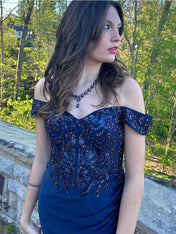 Navy Off-the-Shoulder Intricate Beading Prom Dress with High Slit