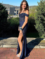 Navy Off-the-Shoulder Intricate Beading Prom Dress with High Slit