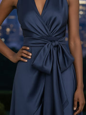 Navy Satin Halter Gown with High-Low Ruffle Skirt
