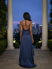 Navy Satin Halter Gown with High-Low Ruffle Skirt
