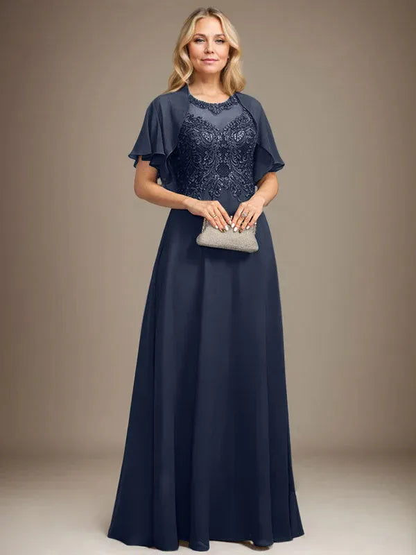 A-line Scoop Illusion Floor-Length Lace Chiffon Mother of the Bride Dress With Sequins