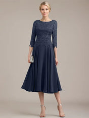 A-line Scoop Tea-Length Lace Chiffon Mother of the Bride Dress
