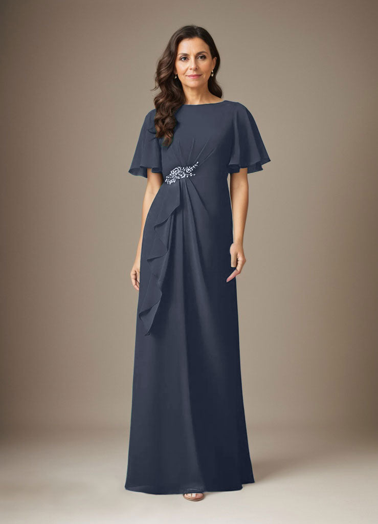 Robe fourreau en mousseline de soie bleu marine foncé avec perles