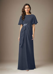 Robe fourreau en mousseline de soie bleu marine foncé avec perles