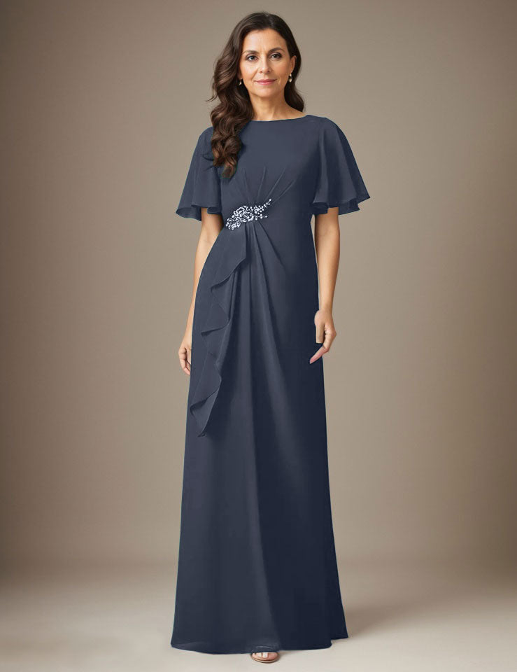 Robe fourreau en mousseline de soie bleu marine foncé avec perles