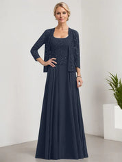 Robe de mère de la mariée trapèze carrée, longueur au sol, en mousseline de soie et dentelle, avec paillettes 