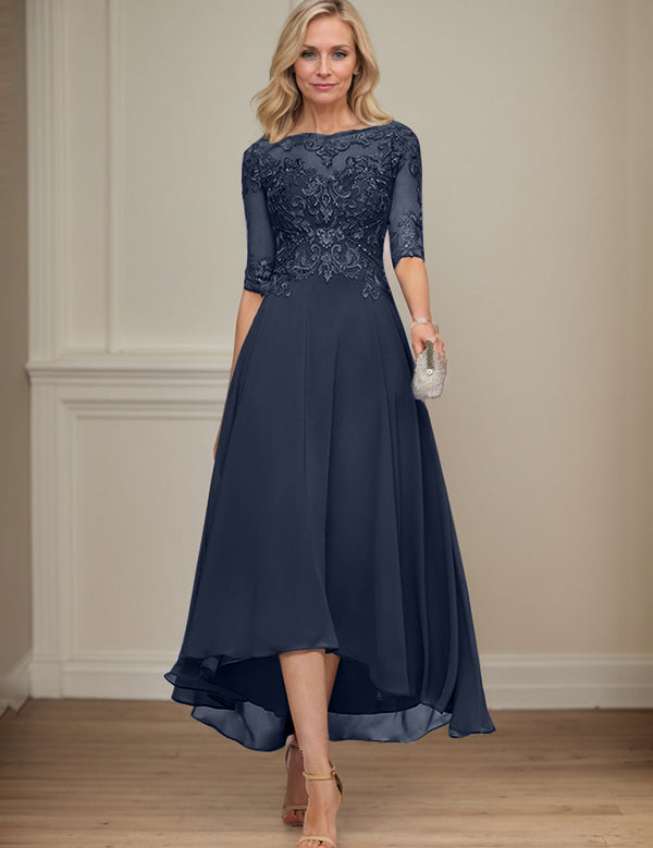 A-line Boat Neck Illusion Asymmetrical Chiffon Lace Mother of the Bride Dress With Sequins Beading