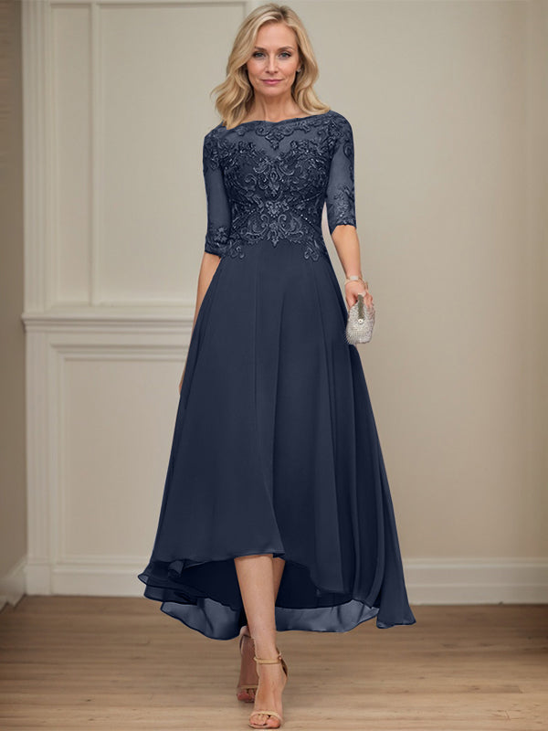 A-line Boat Neck Illusion Asymmetrical Chiffon Lace Mother of the Bride Dress With Sequins Beading