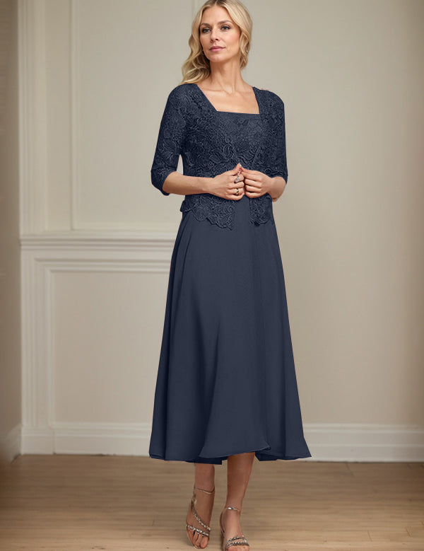 A-line Square Tea-Length Chiffon Lace Mother of the Bride Dress With Sequins Beading