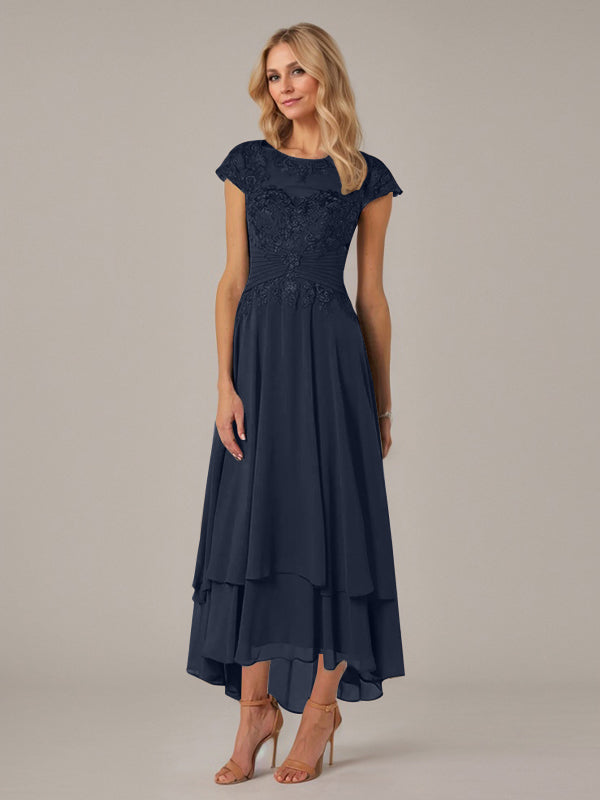 A-line Boat Neck Illusion Asymmetrical Chiffon Lace Mother of the Bride Dress With Applique Pleats
