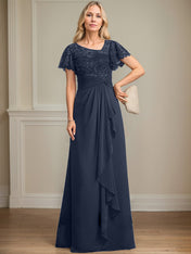 A-line Asymmetrical Illusion Floor-Length Lace Chiffon Mother of the Bride Dress With Cascading Ruffles Sequins