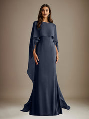 Robe de mère de la mariée en mousseline, coupe fourreau/colonne, col bateau, longueur ras du sol, avec volants en cascade 