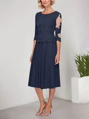 A-line Scoop Tea-Length Lace Chiffon Mother of the Bride Dress With Embroidery