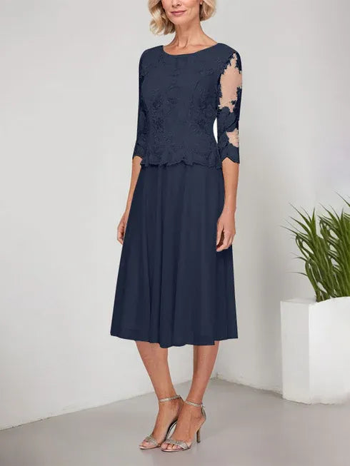 A-line Scoop Tea-Length Lace Chiffon Mother of the Bride Dress With Embroidery
