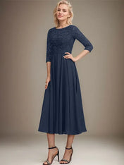 A-line Scoop Tea-Length Lace Chiffon Mother of the Bride Dress With Sequins