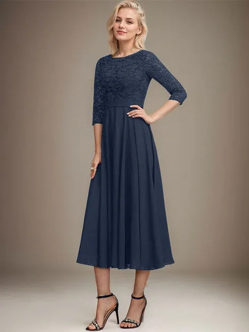 A-line Scoop Tea-Length Lace Chiffon Mother of the Bride Dress With Sequins