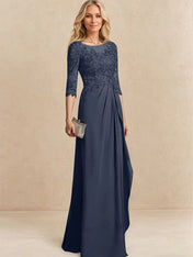 A-line Scoop Illusion Floor-Length Chiffon Lace Mother of the Bride Dress With Beading Sequins Cascading Ruffles
