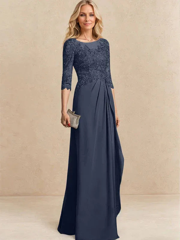 Robe de mère de la mariée trapèze en mousseline de soie et dentelle, longueur au sol, avec perles, paillettes et volants en cascade 