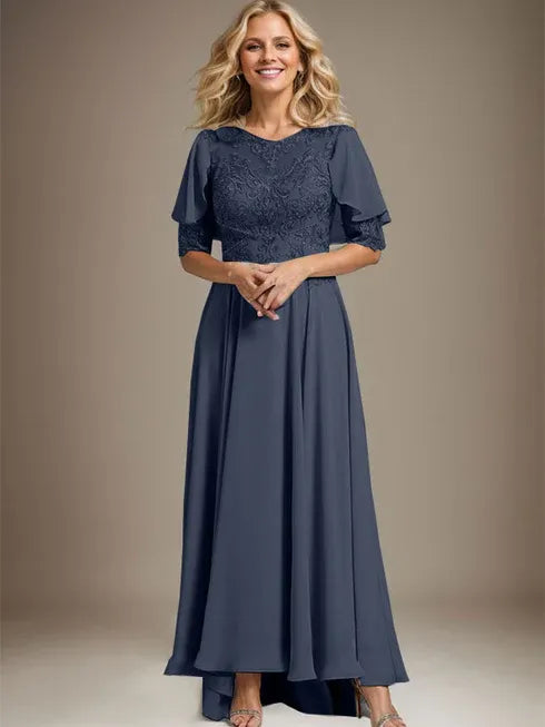 A-line Scoop Illusion Asymmetrical Chiffon Lace Mother of the Bride Dress With Beading