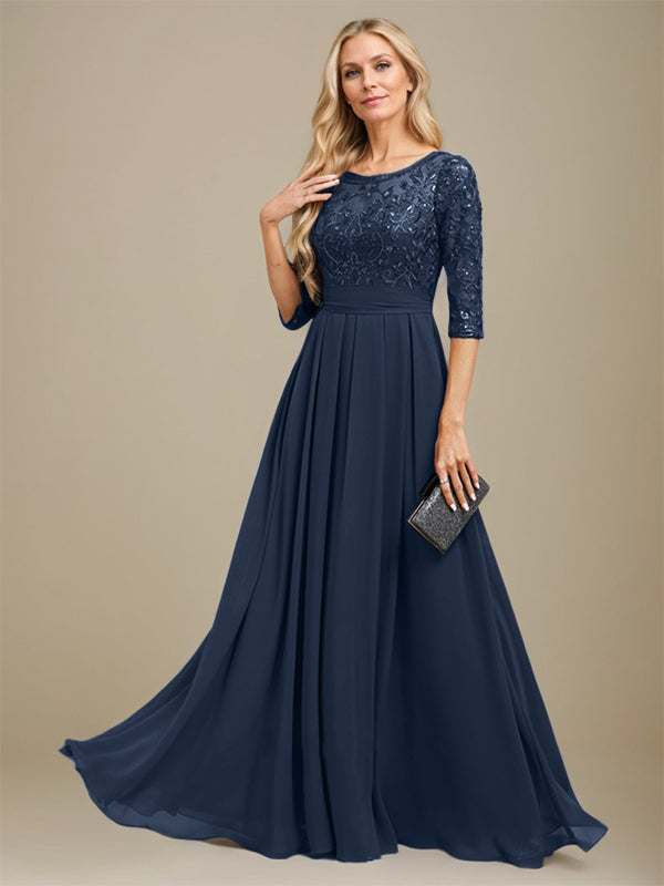 A-Line Scoop Floor-Length Lace Chiffon Mother Of the Bride Dress With Sequins Applique