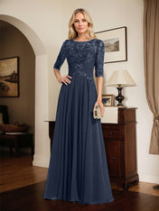 A-line Scoop Illusion Floor-Length Chiffon Lace Mother of the Bride Dress With Pleated Sequins