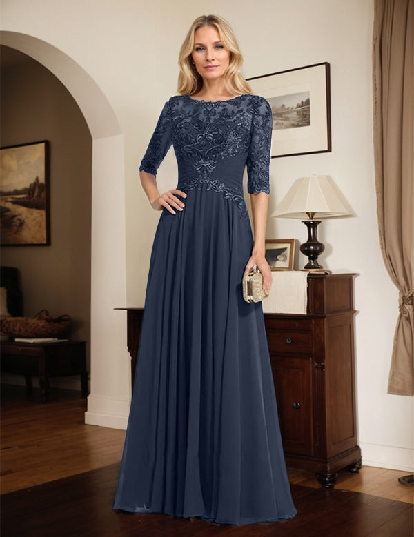 Robe de mère de la mariée trapèze en mousseline de soie et dentelle, longueur au sol, avec décolleté en V et sequins plissés 