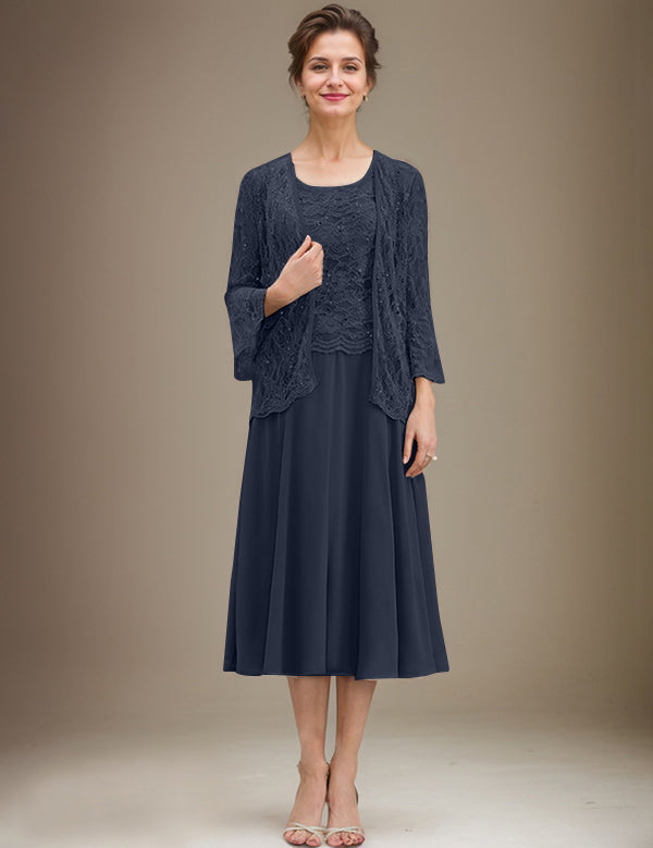 A-line Scoop Tea-Length Lace Chiffon Mother of the Bride Dress With Sequins