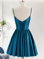 Navy A-Line Spaghetti Straps Corset Pleated Homecoming Dress