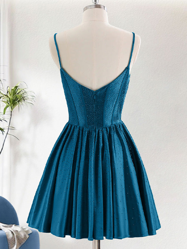 Navy A-Line Spaghetti Straps Corset Pleated Homecoming Dress