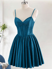 Navy A-Line Spaghetti Straps Corset Pleated Homecoming Dress