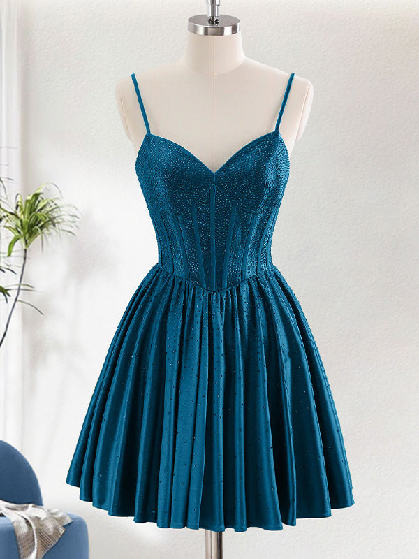 Navy A-Line Spaghetti Straps Corset Pleated Homecoming Dress